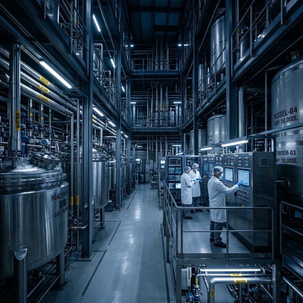 Pharmaceutical reactor plant with stainless steel vessels